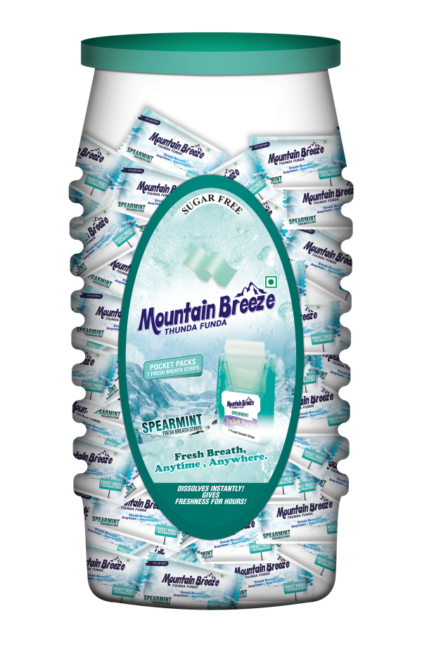 Mountain Breeze Sugar-Free Spearmint Fresh Breath Strips JAR 7 Strips each cassette ( Pack of 40) 40 x 7 = 280 Strips