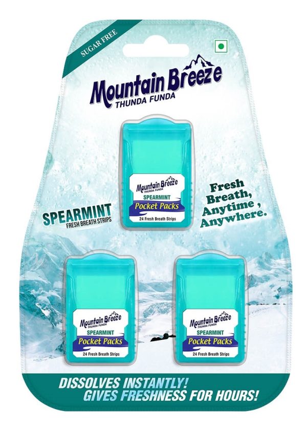 Mountain Breeze Sugar-Free Spearmint Fresh Breath Strips Blister Pack of 3*24Strips