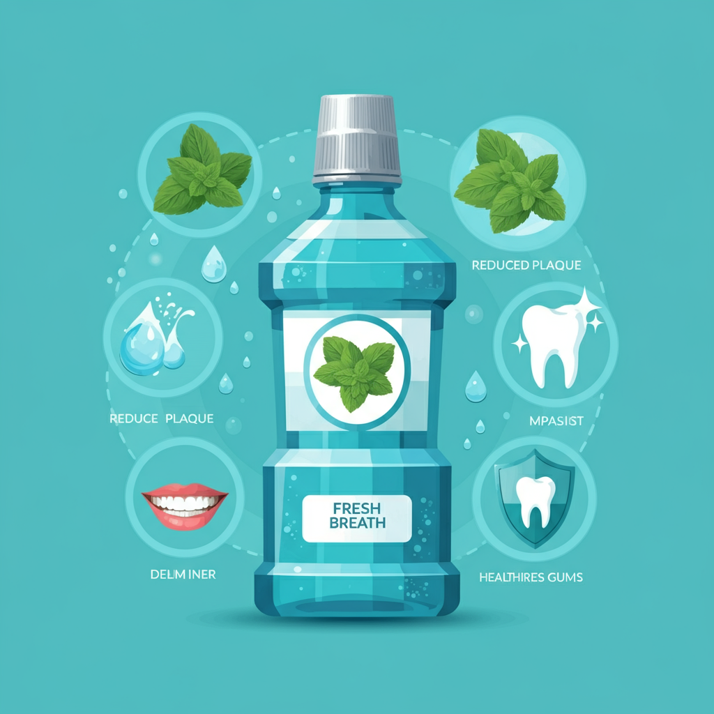 A creative illustration showing the benefits of using mouthwash, including fresh breath, reduced plaque, and healthier gums, represented by symbols like a mint leaf, a shield, and a sparkling tooth.