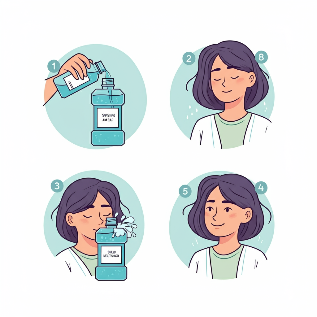 A step-by-step guide on proper mouthwash usage, featuring four panels showing pouring mouthwash, swishing, spitting, and smiling with fresh breath.