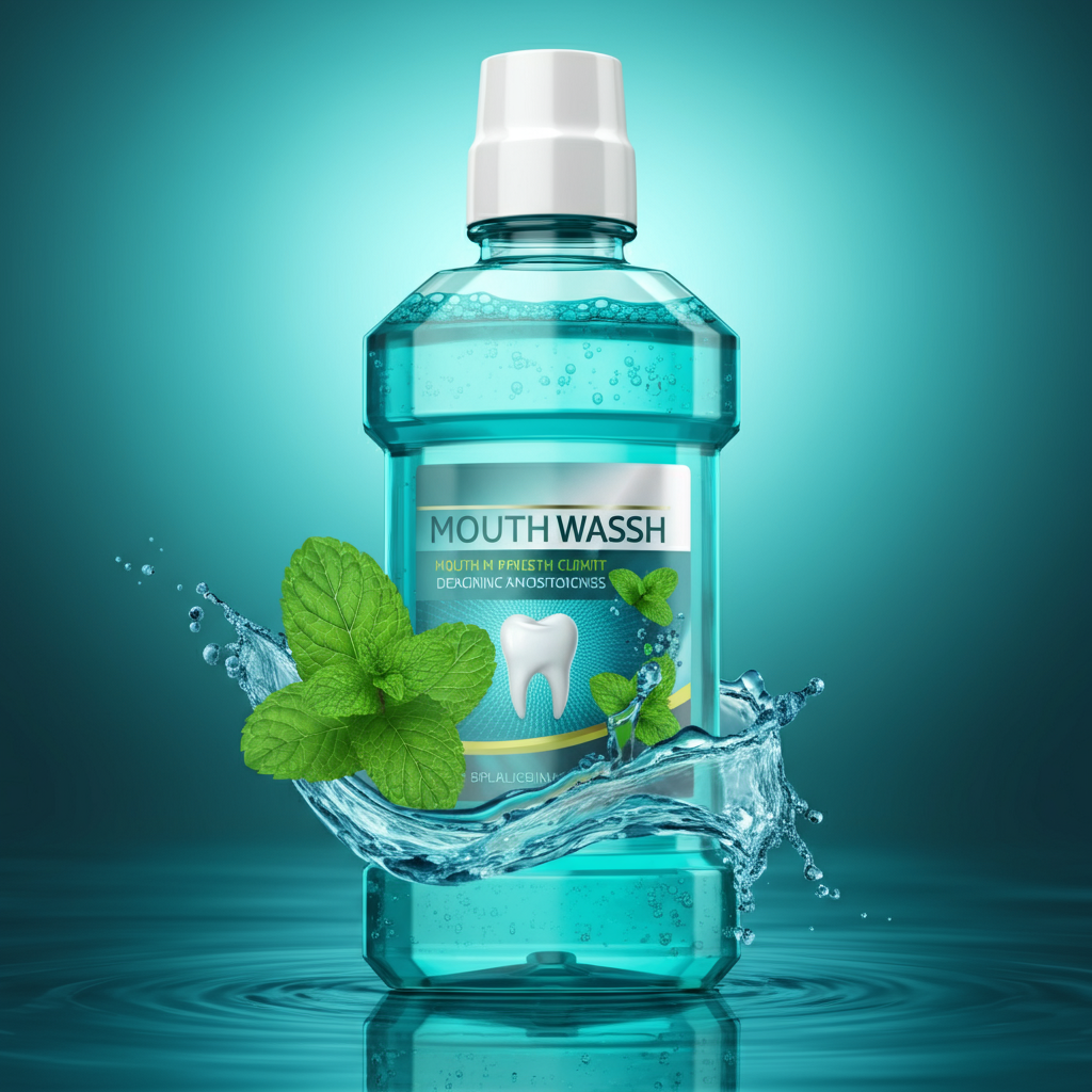 A realistic image of a mouthwash product bottle, highlighted with mint leaves and a water splash to emphasize freshness and effectiveness.