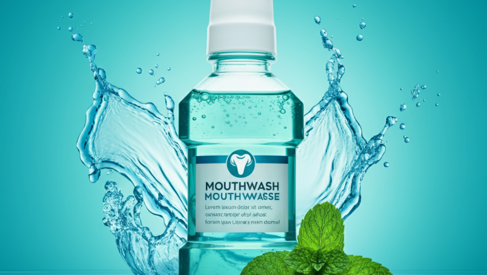 A vibrant mouthwash blog feature image showcasing a bottle of mouthwash, fresh mint leaves, water splashes, and a smiling person with sparkling teeth, highlighting oral health benefits and freshness.