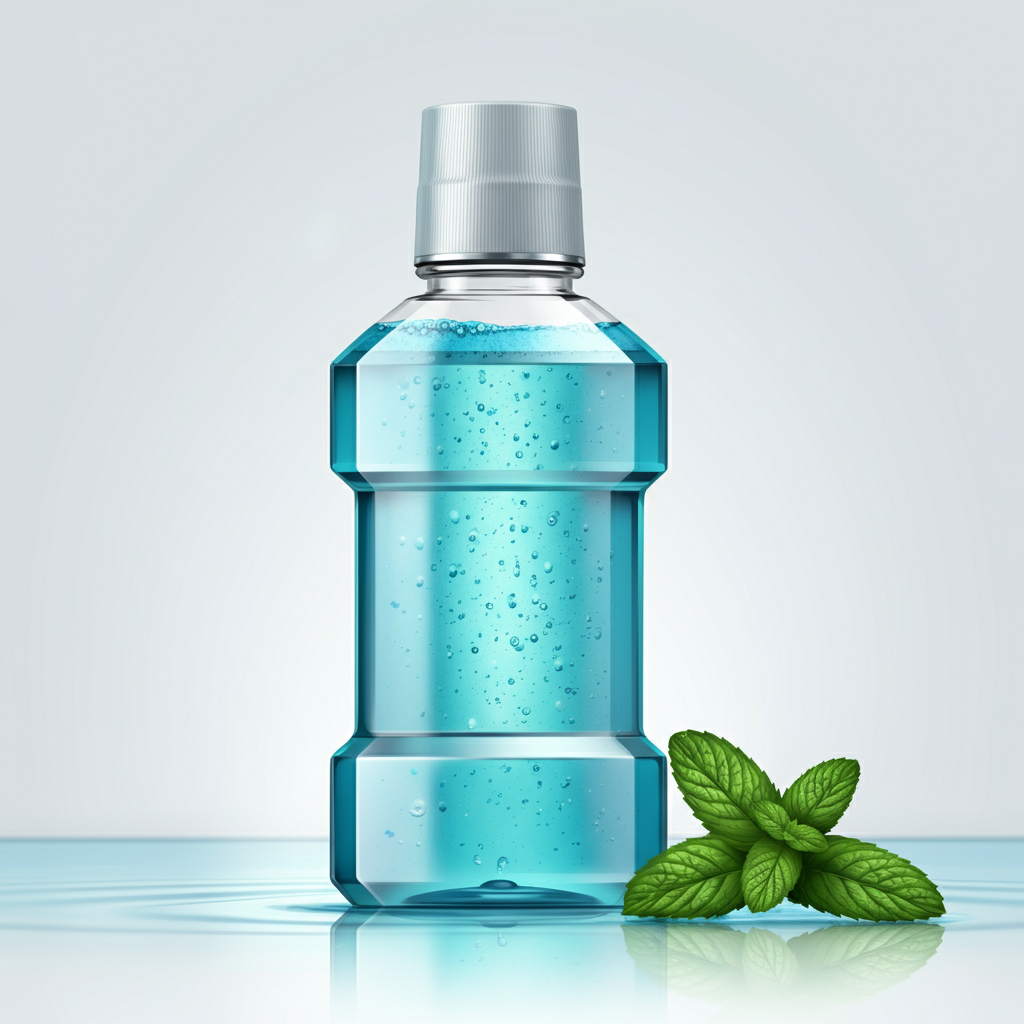 A bottle of mouthwash with a mint leaf