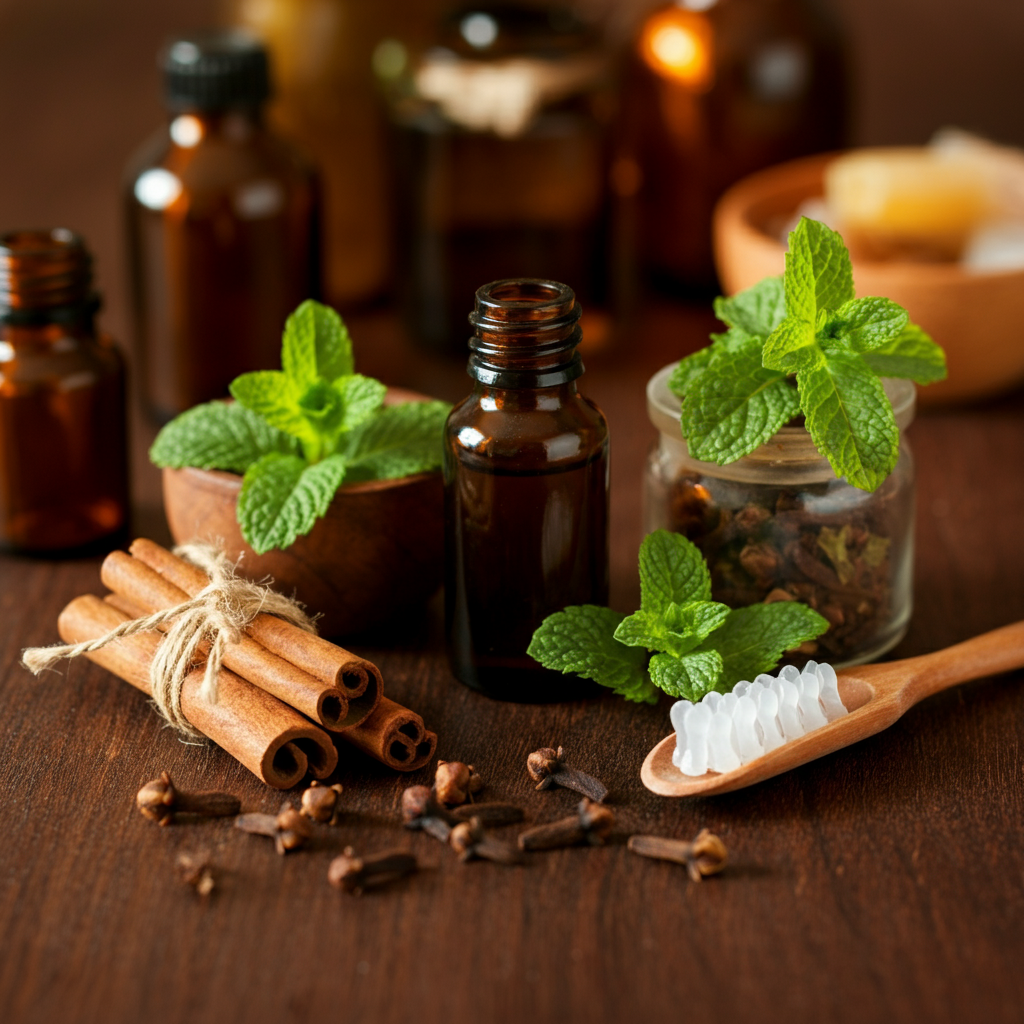 Natural mouth fresheners on a wooden surface