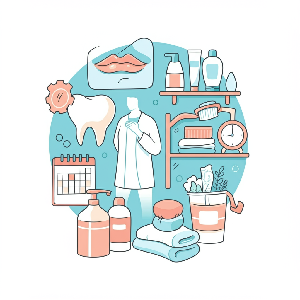 Icons showcasing practical tips for building a hygiene routine, such as scheduling, organizing products, and setting reminders.