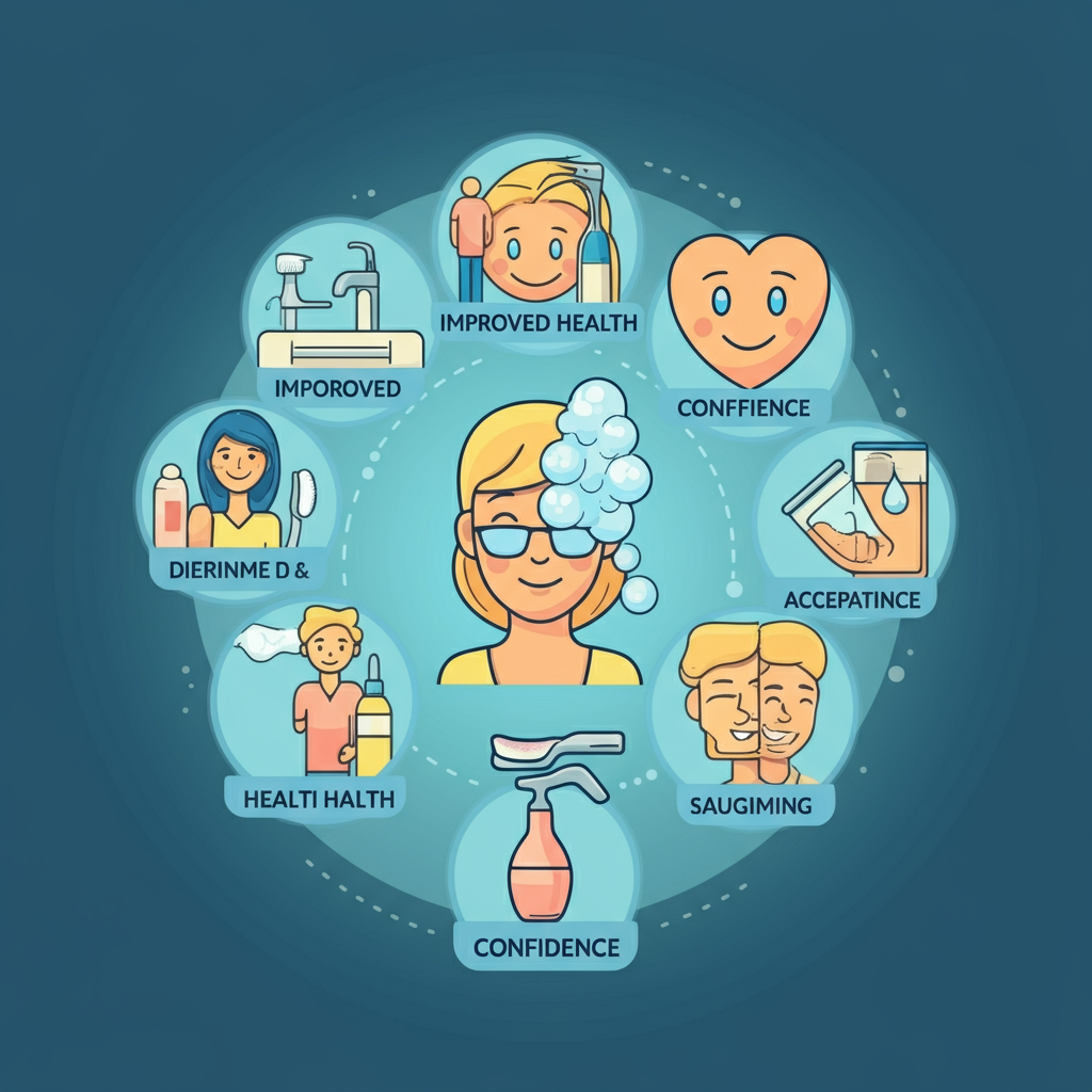 Icons representing benefits of personal hygiene, such as improved health, boosted confidence, and better social interactions.