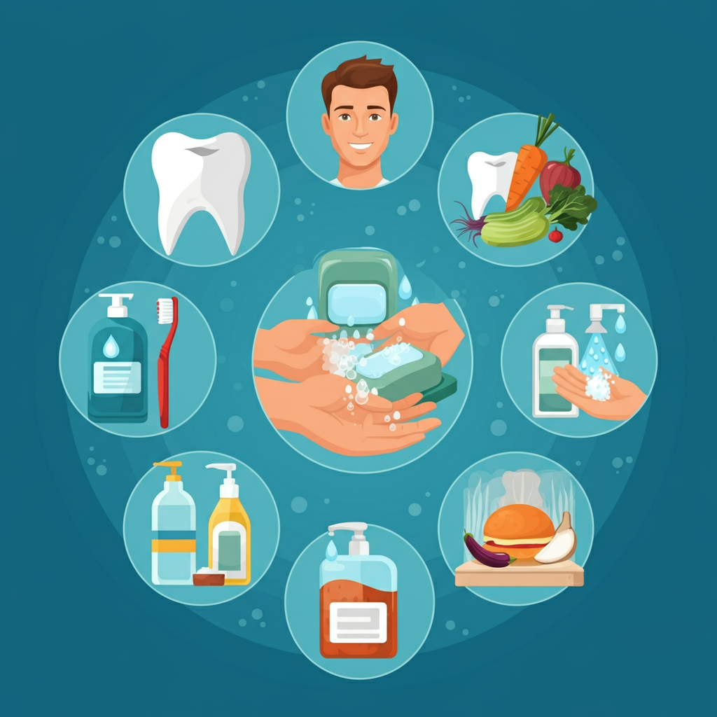 Illustrations of different types of hygiene, including personal, dental, hand, and food hygiene.