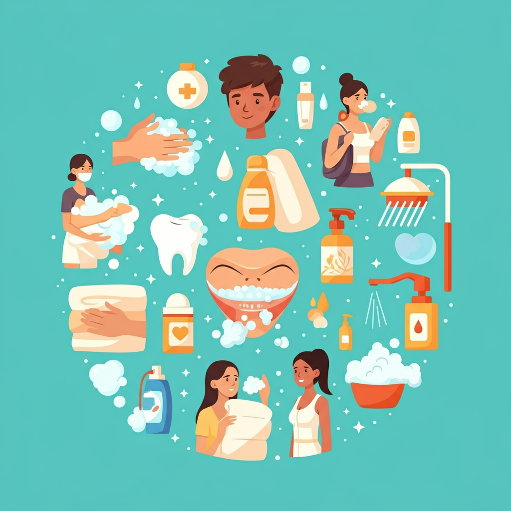 Visual elements illustrating personal hygiene practices like hand washing, tooth brushing, and using deodorant.