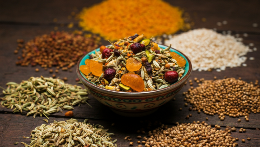 A feature image showing colorful mukhwas ingredients on a rustic surface with a bowl of mixed mukhwas in the center.