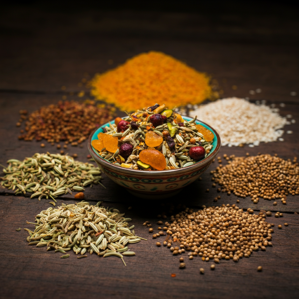 A feature image showing colorful mukhwas ingredients on a rustic surface with a bowl of mixed mukhwas in the center.