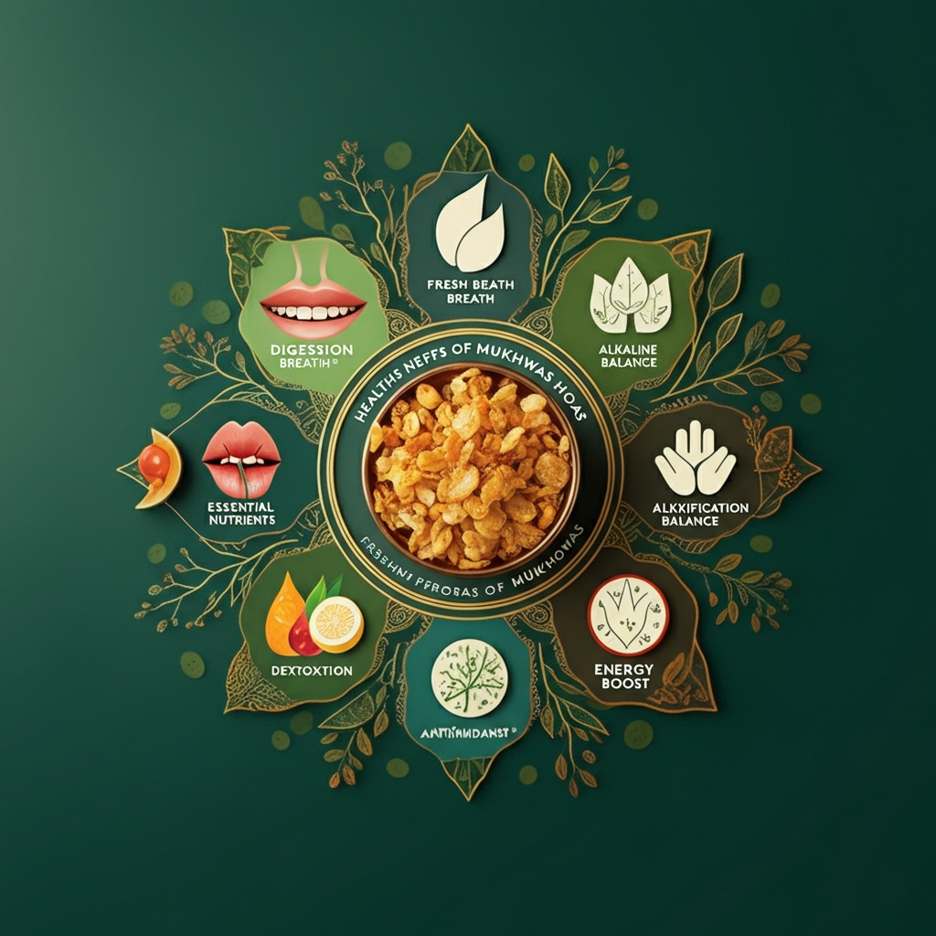  Icons representing digestion, fresh breath, and nutrients highlight the health benefits of mukhwas.