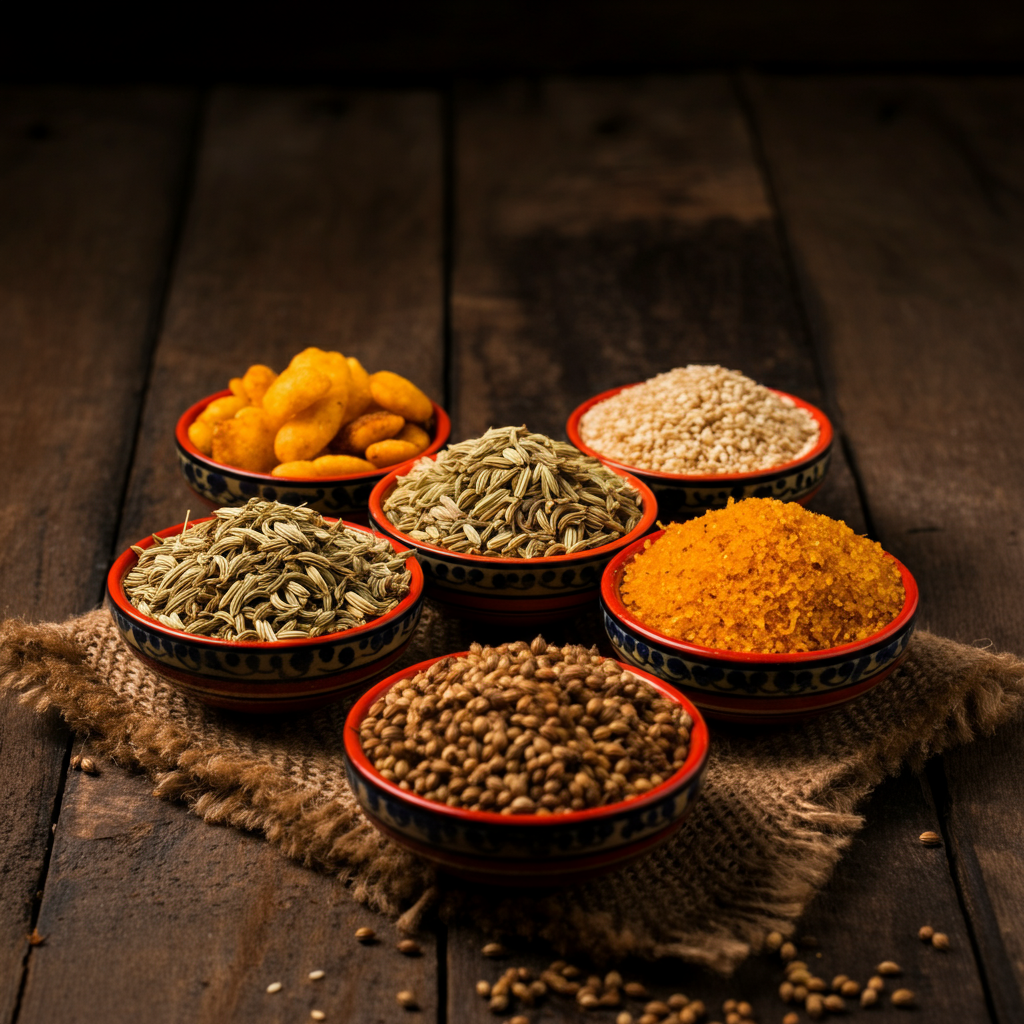  A vibrant display of Indian mukhwas recipes with colorful ingredients in bowls on a rustic table.