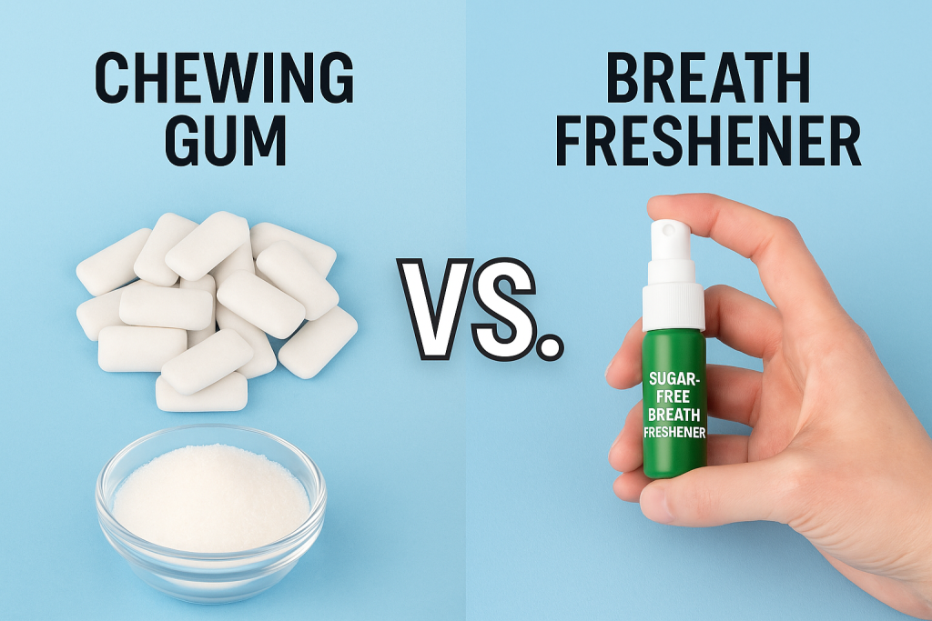 Chewing gum vs. sugar-free breath freshener comparison.