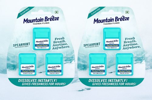 Mountain Breeze breath freshener strips in spearmint packs displayed in retail packaging for instant bad breath relief.