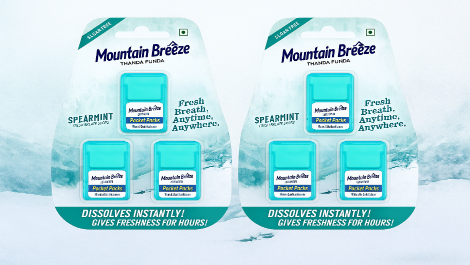 Mountain Breeze breath freshener strips in spearmint packs displayed in retail packaging for instant bad breath relief.