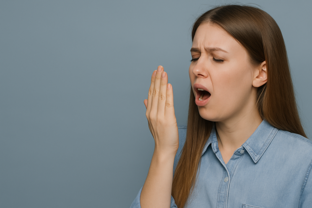 Woman reacting to bad breath – breath freshener necessity.