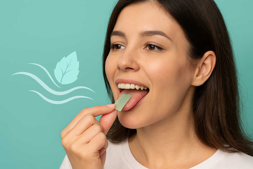 Woman using breath freshener strip to eliminate bad breath.