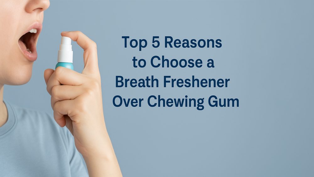 Person using a breath freshener spray for instant freshness, highlighting the advantages of breath freshener over chewing gum.