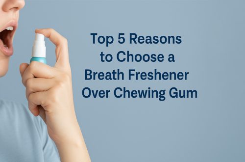 Person using a breath freshener spray for instant freshness, highlighting the advantages of breath freshener over chewing gum.