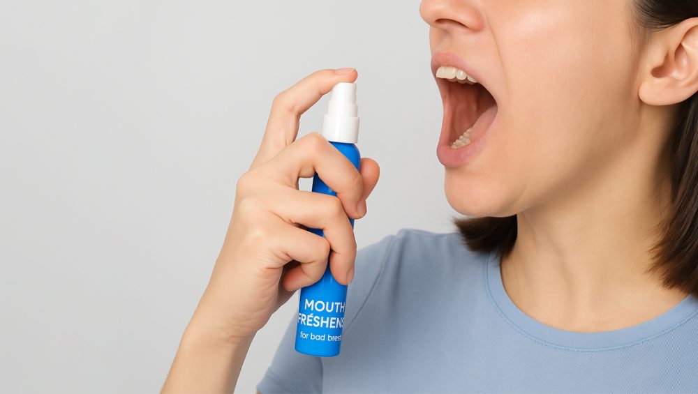 Person using an instant mouth freshener spray for fast bad breath relief