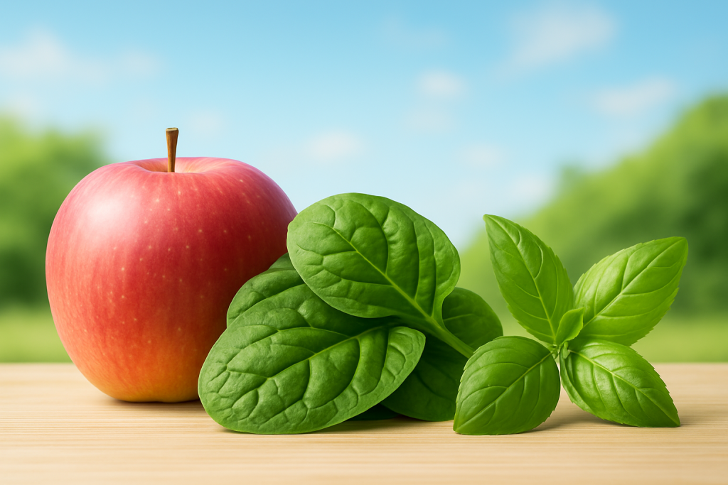 Fresh apple, spinach, and basil leaves as natural instant mouth fresheners