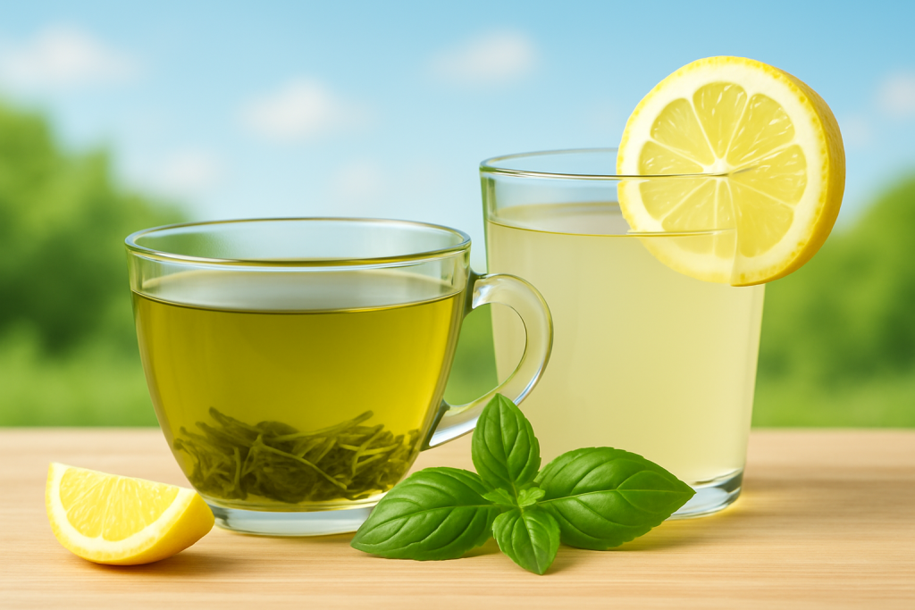 Glass of green tea and lemon water with fresh lemon and basil as instant mouth fresheners