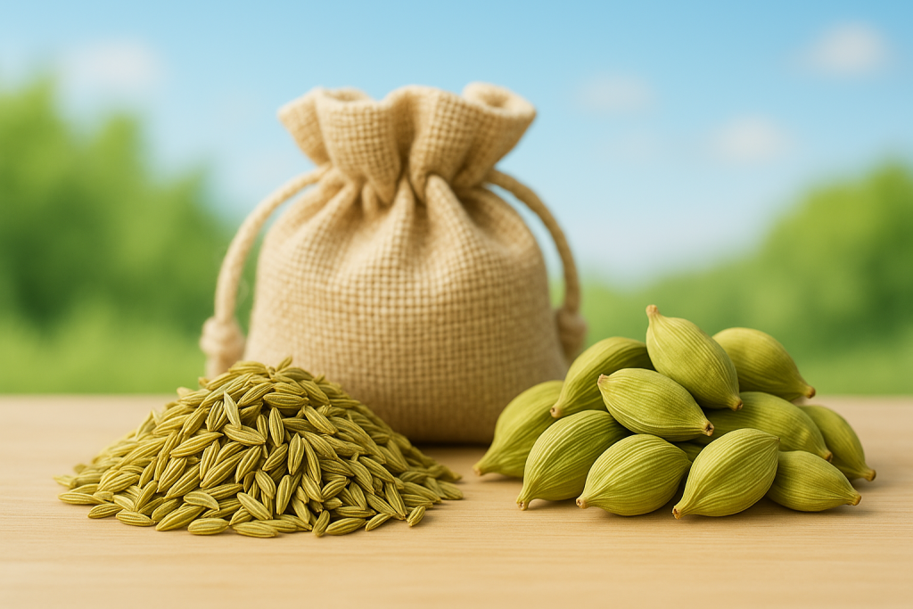 Fennel seeds and cardamom pods with a burlap pouch as instant mouth fresheners