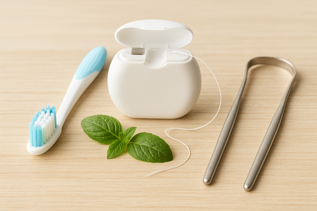 Toothbrush, dental floss, and tongue scraper on wooden surface for oral hygiene