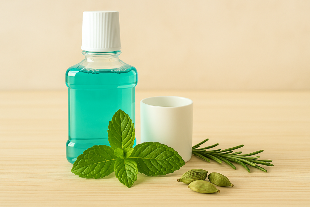 Mouthwash bottle with mint, rosemary, and cardamom for instant breath freshening
