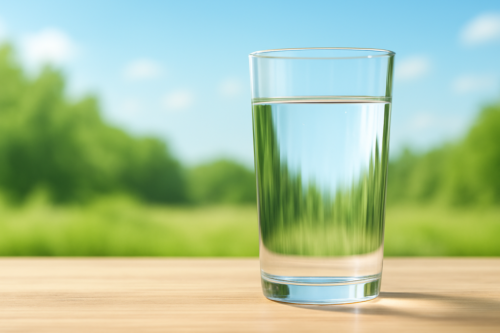 Glass of water on a wooden table with green outdoor background for hydration and fresh breath