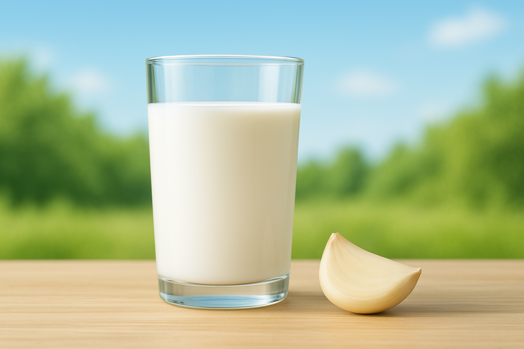 Glass of milk with garlic clove on wooden table for reducing garlic breath