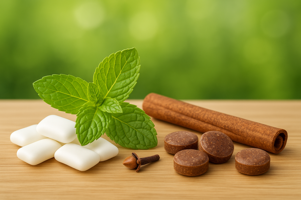 Sugar-free gum, herbal lozenges, mint, cinnamon, and clove for instant mouth freshening