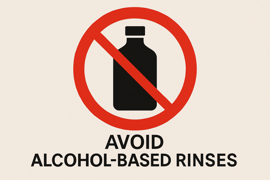 No alcohol mouthwash warning sign with red prohibition symbol and bold text