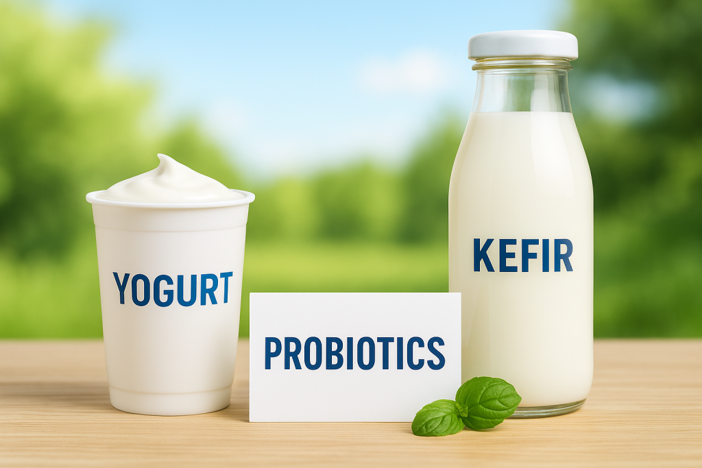 Yogurt, kefir, and probiotics label on wooden surface for gut-friendly breath support