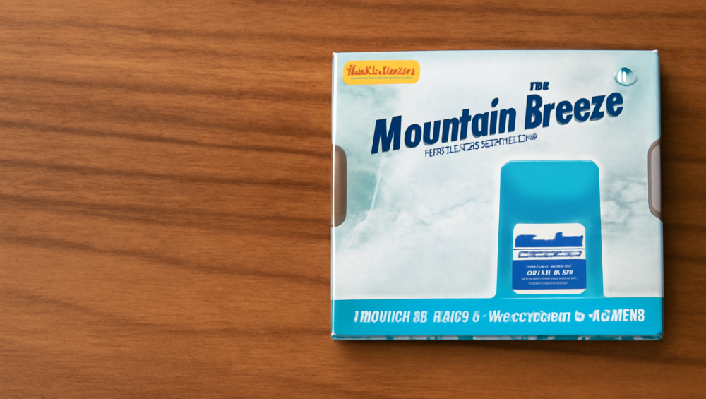 Mountain Breeze Cool Mint Strips package on a wooden surface, highlighting the fresh, sugar-free breath solution.