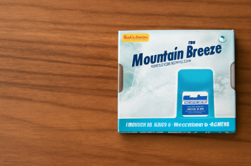 Mountain Breeze Cool Mint Strips package on a wooden surface, highlighting the fresh, sugar-free breath solution.