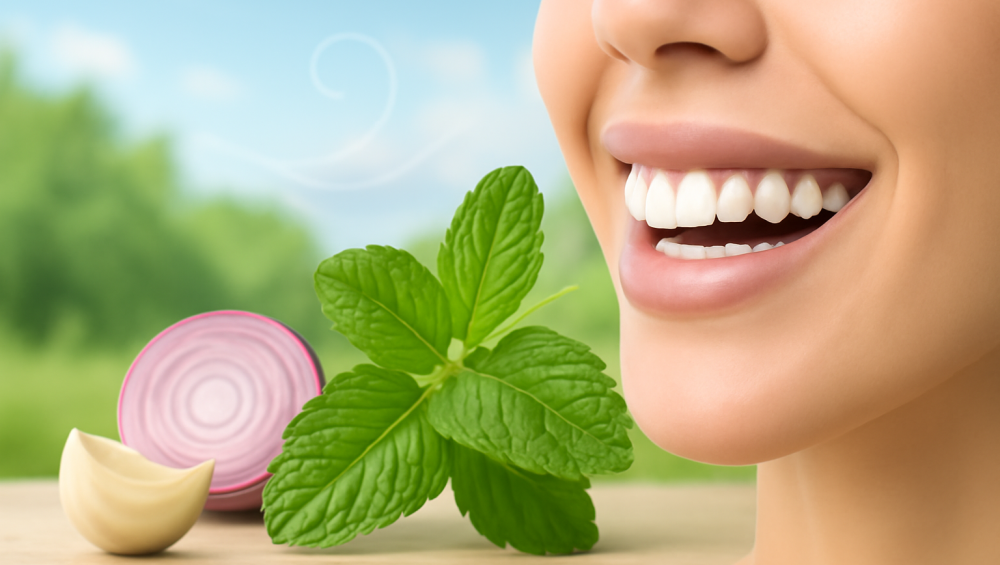 Smiling woman with mint, onion, and garlic beside Mountain Breeze branding, promoting instant mouth freshener benefits