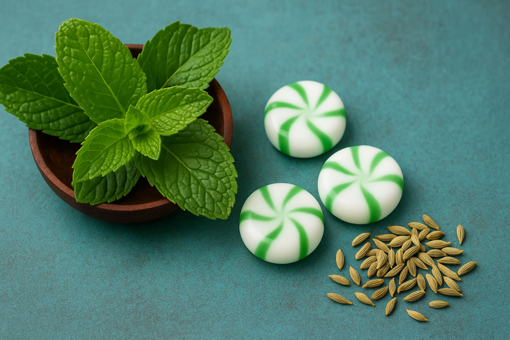 Fresh mint leaves with peppermint candies and fennel seeds on a teal background