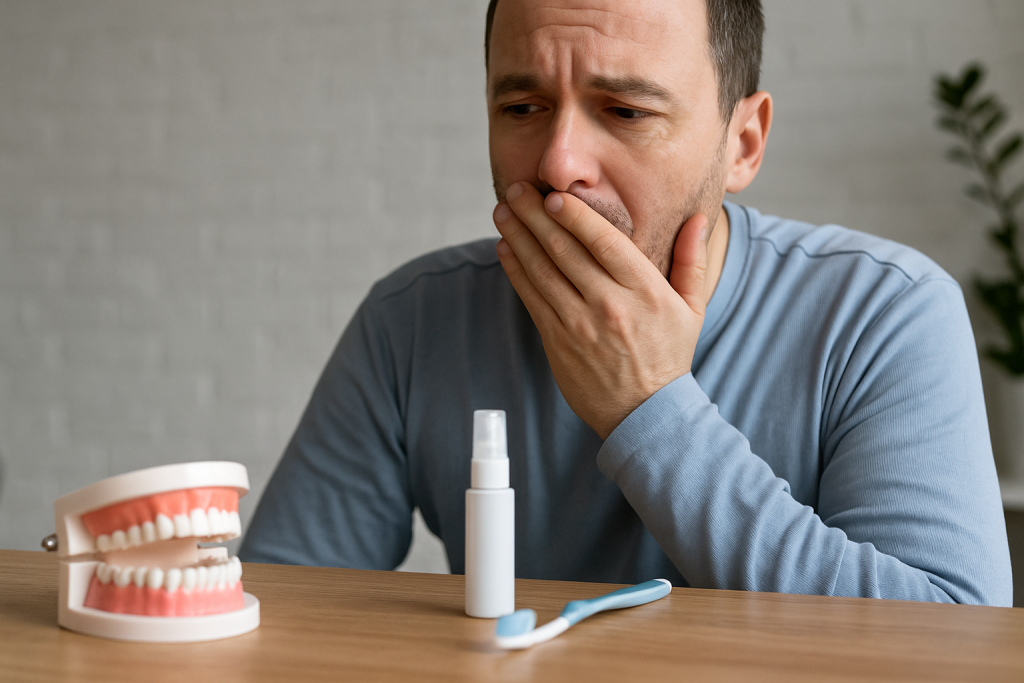 Man covering mouth with dental model, breath spray, and toothbrush on table