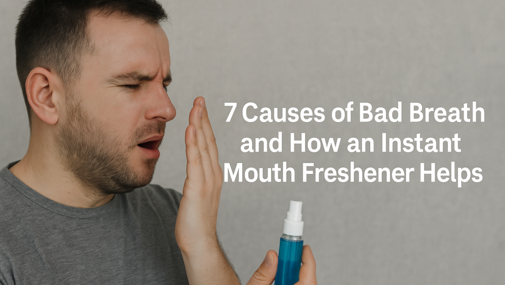Man using instant mouth freshener spray for bad breath