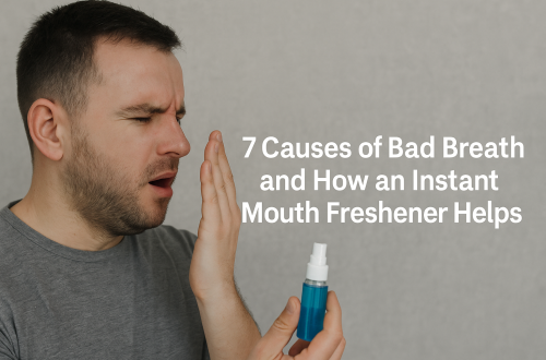 Man using instant mouth freshener spray for bad breath