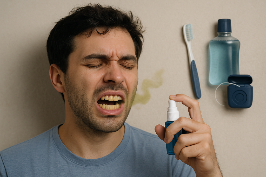Man using breath spray with toothbrush, mouthwash, and floss in background