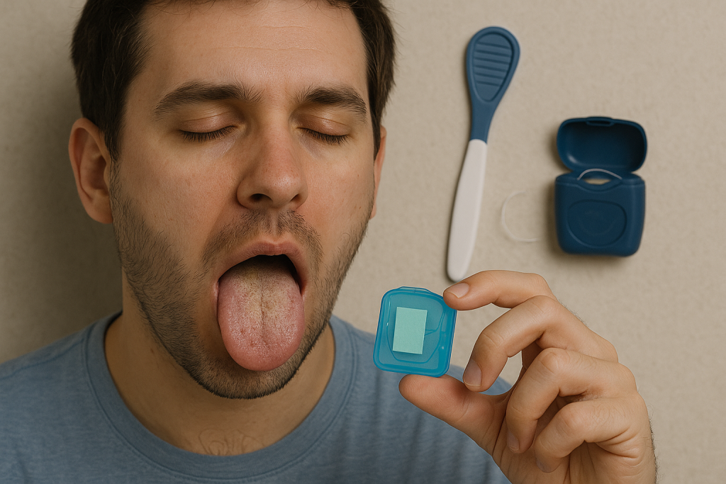 Man showing coated tongue while holding breath strips with tongue scraper and floss in background