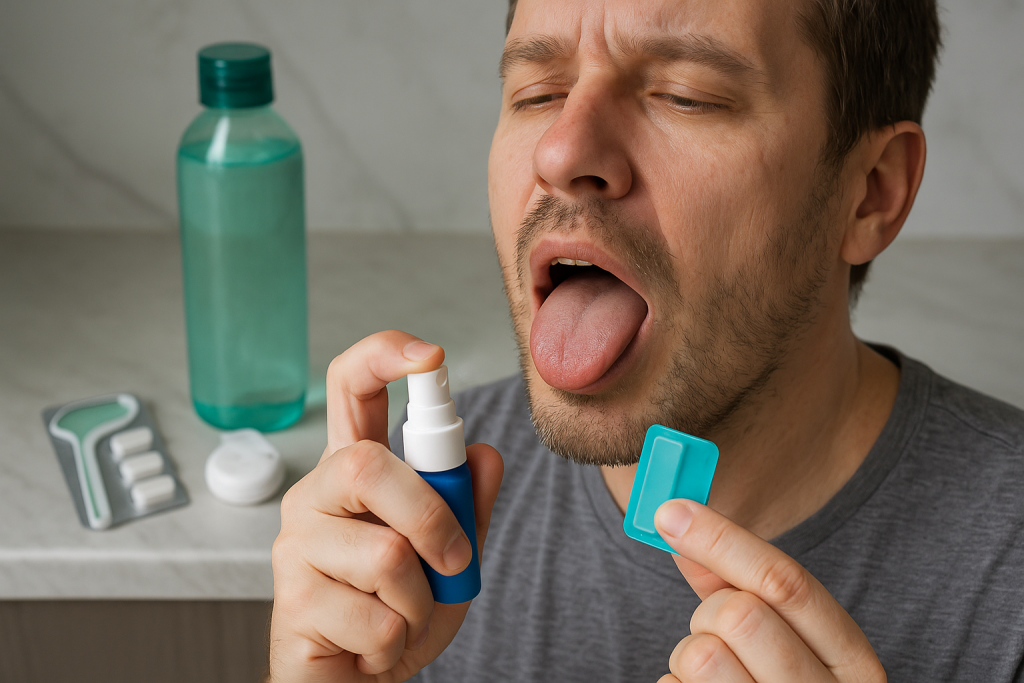 Man spraying portable mouth spray with water bottle and gum in background