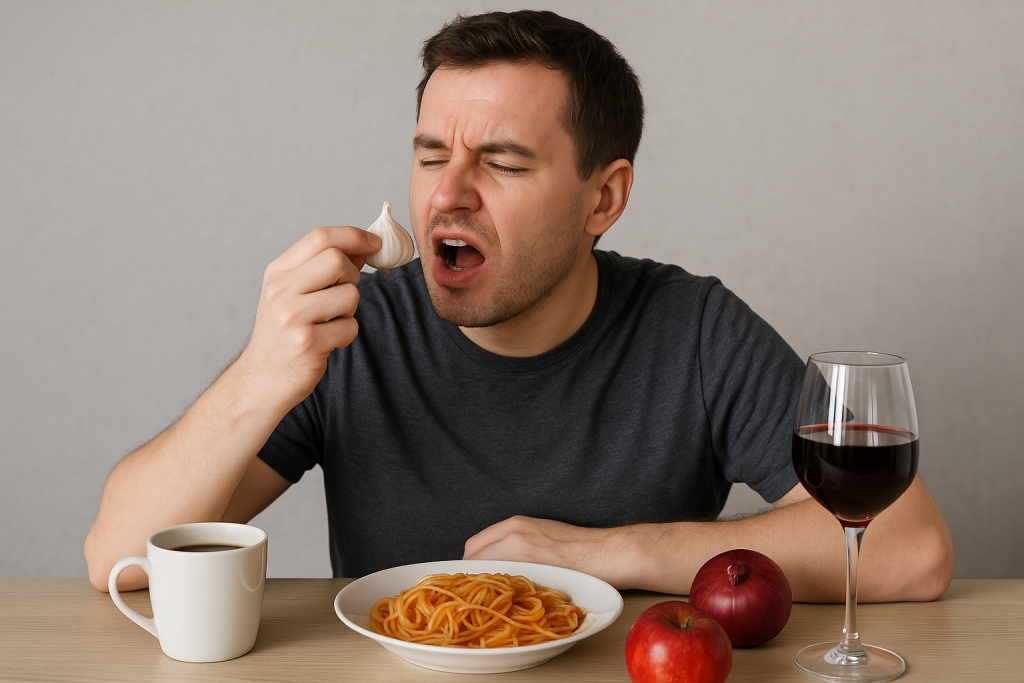 Man grimacing while holding garlic with pasta, coffee, and apples on table
