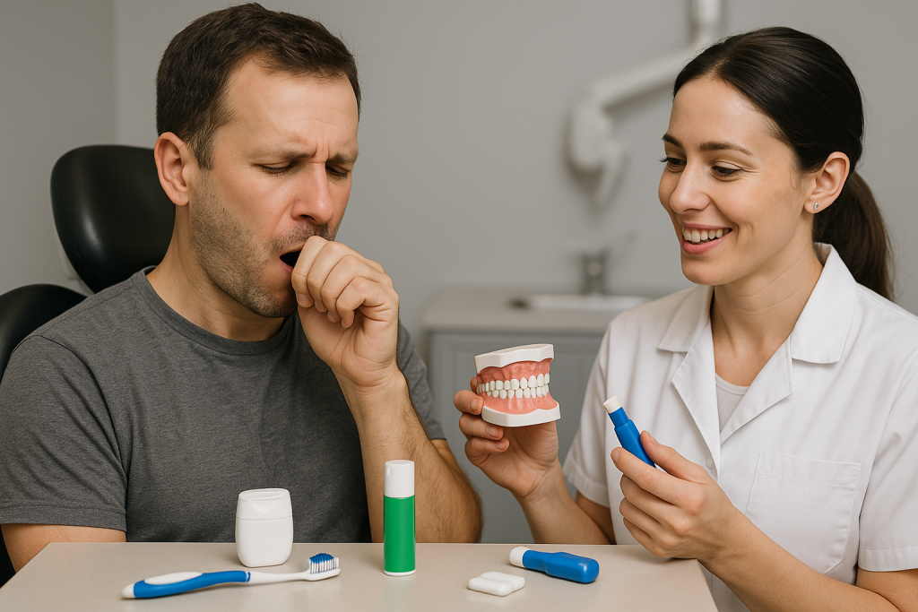 Man at dental checkup covering mouth while dentist shows dental model with oral care tools on table