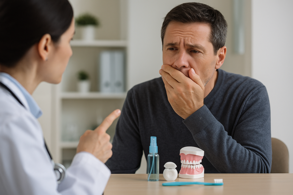 Man covering mouth while talking to doctor with dental model, toothbrush, and breath spray on table