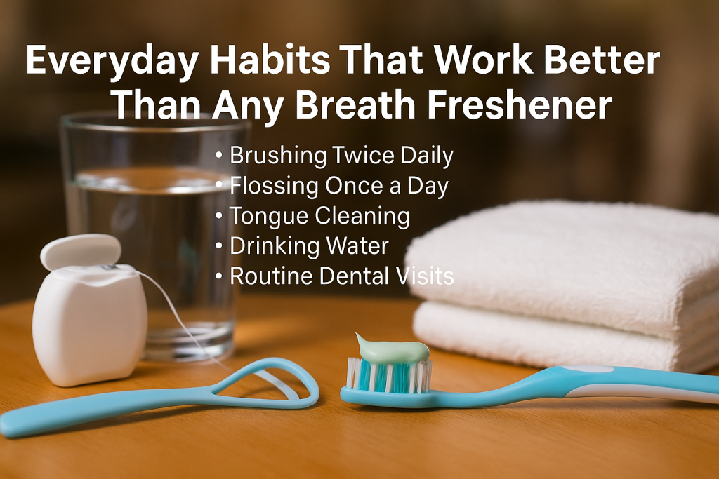 Everyday oral care habits with toothbrush, floss, tongue scraper, and water