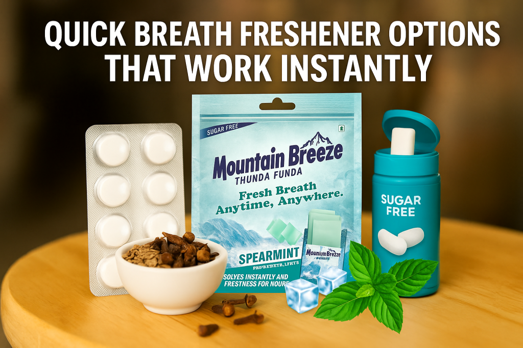 Quick breath freshener options with Mountain Breeze strips, gum, mints, and natural herbs