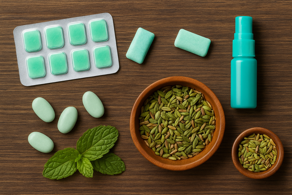 Mint mouth fresheners including strips, gums, spray, lozenges, and fennel seeds on wooden surface